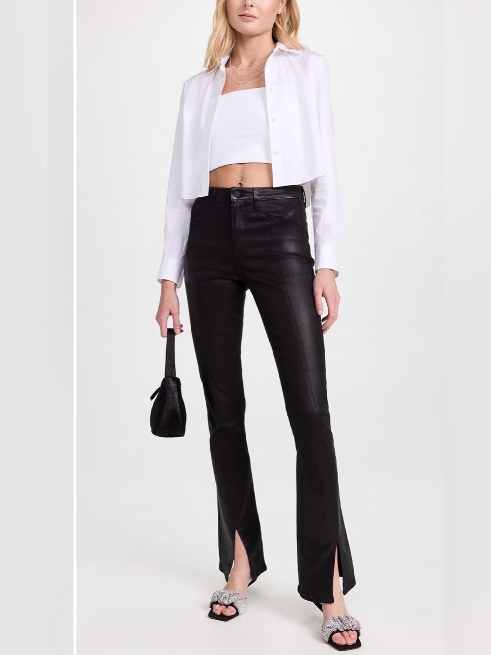 L’AGENCE coated black front slit bootcut pants